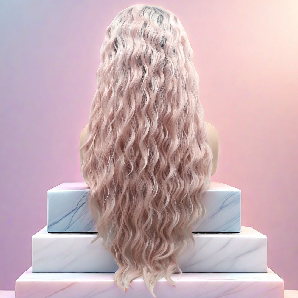 26 inch Ombre Pink Water Wave Synthetic Hair Lace Front Wig