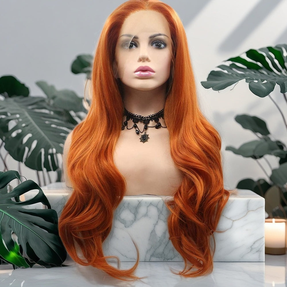 24inch Orange Wavy Synthetic Hair Lace Front Wig