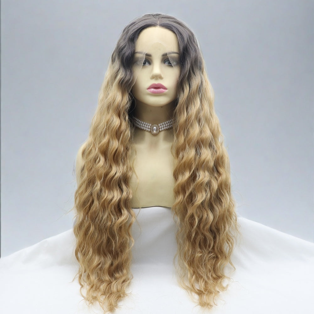 26 inch Ombre Brown Water Wave Synthetic Hair Lace Front Wig