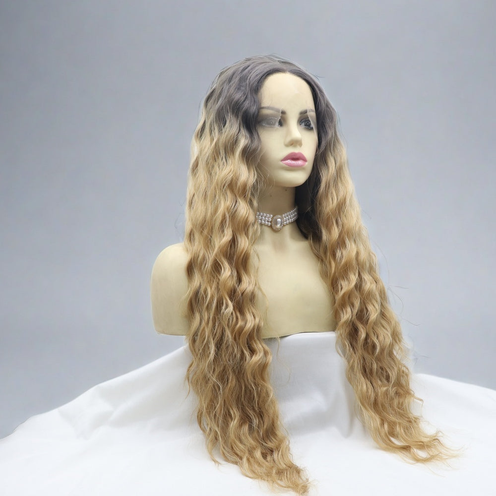 26 inch Ombre Brown Water Wave Synthetic Hair Lace Front Wig