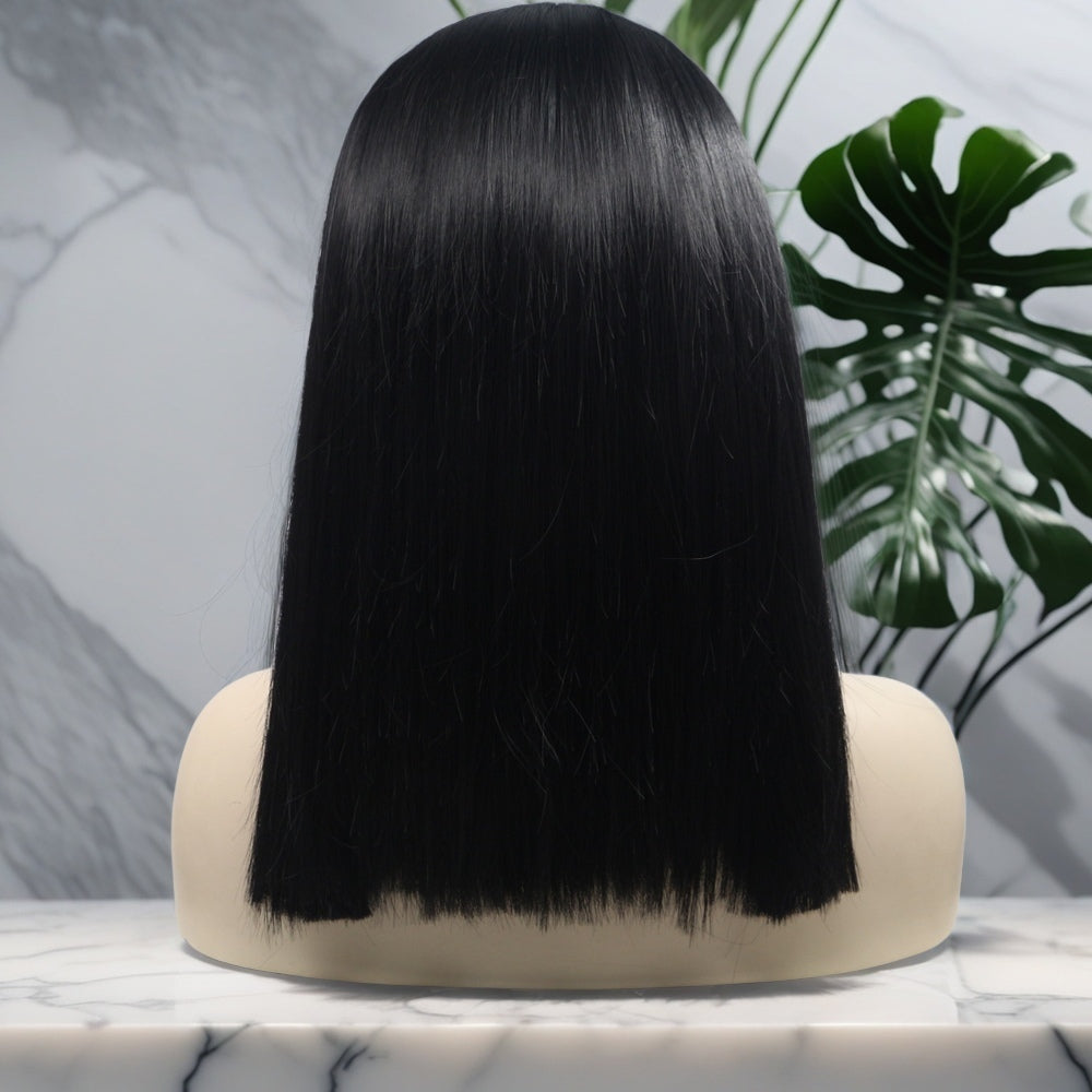 14inch Black Silky Straight Bob Synthetic Hair Lace Front Wig