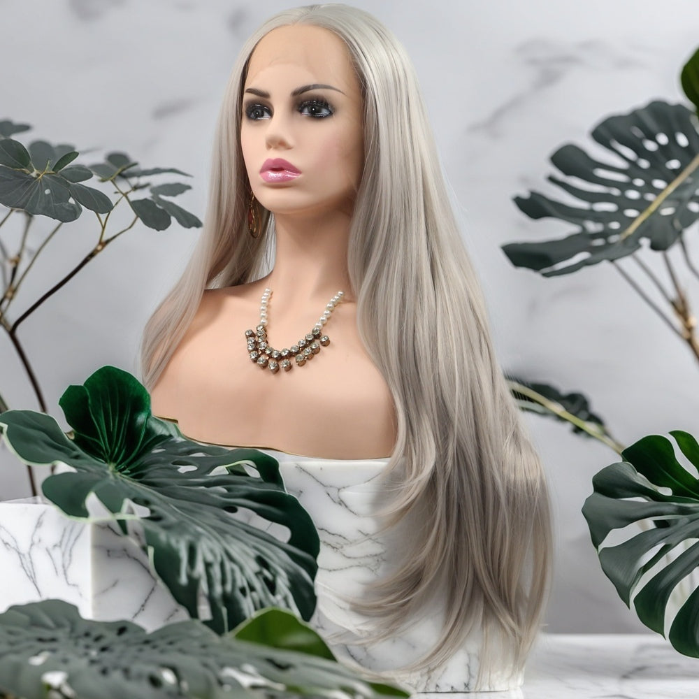 24 inch Silver Gray Straight Synthetic Hair Lace Front Wig