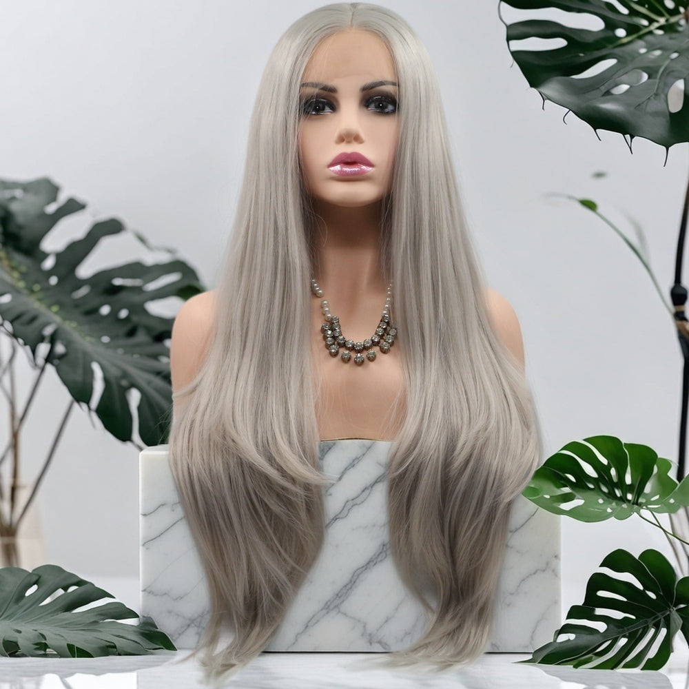 24 inch Golden Gray Straight Synthetic Hair Lace Front Wig