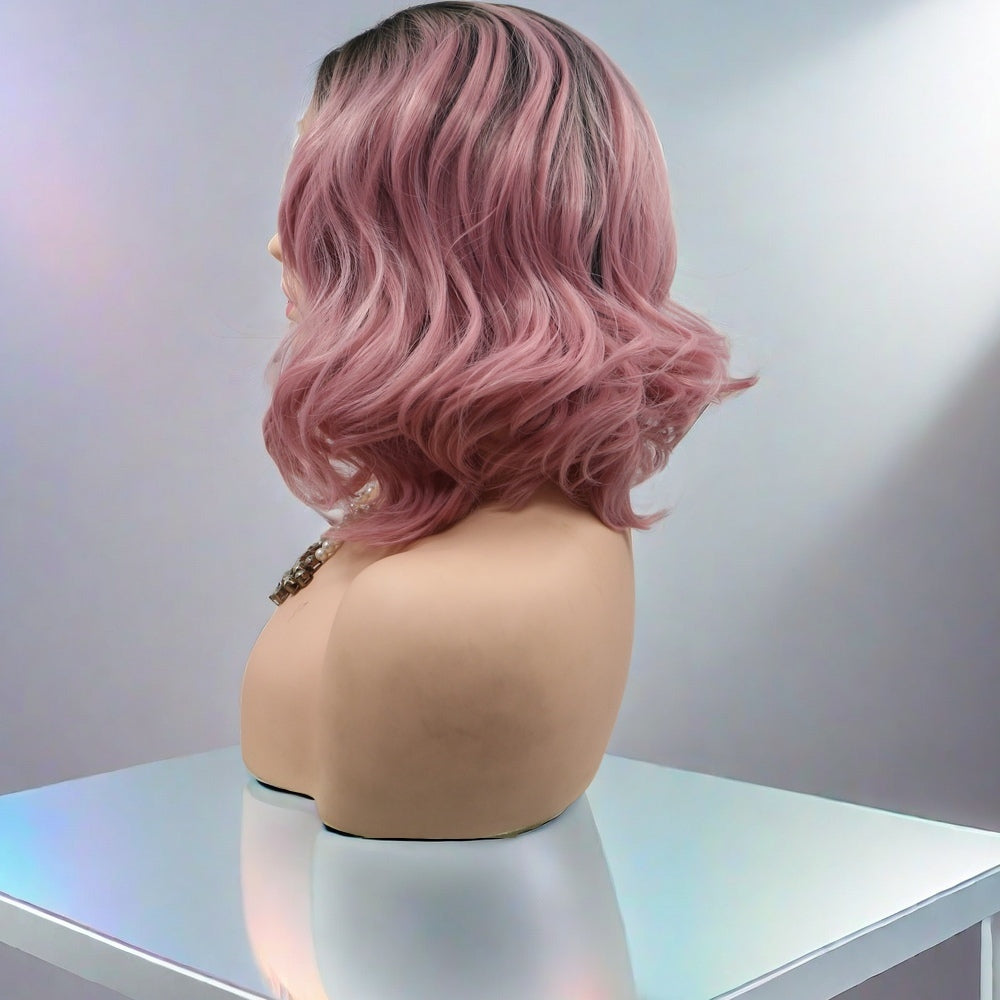 12inch Ombre Pink Short Wavy Bob Synthetic Hair Lace Front Wig