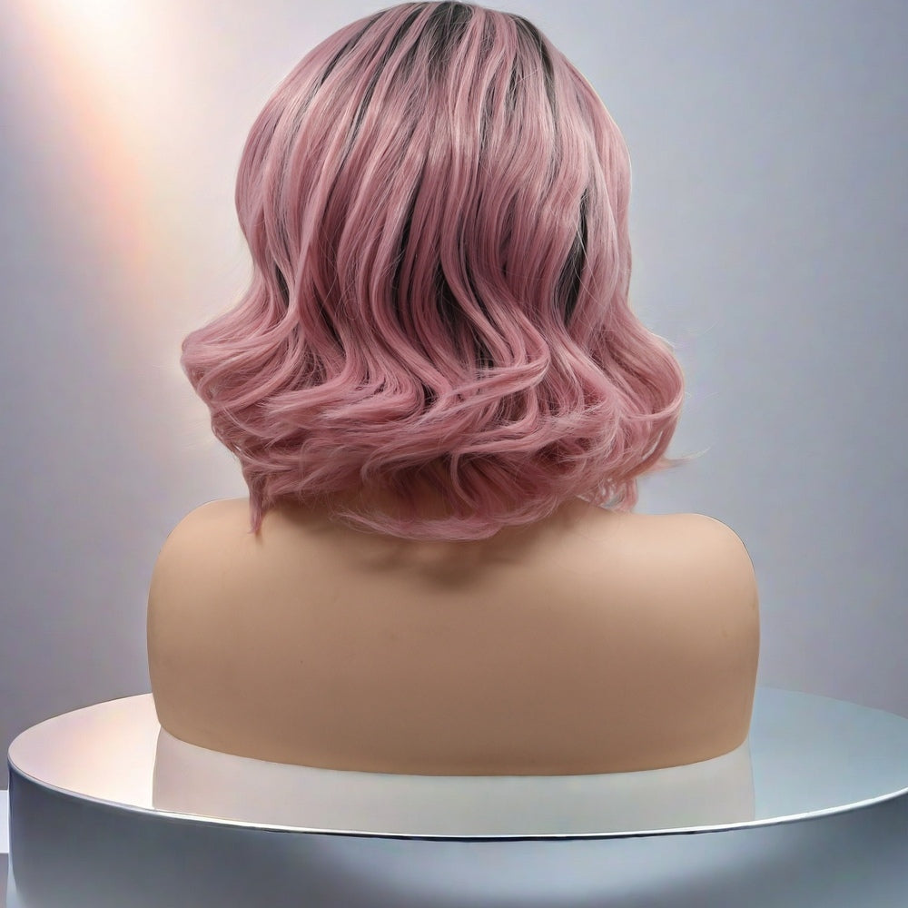 12inch Ombre Pink Short Wavy Bob Synthetic Hair Lace Front Wig