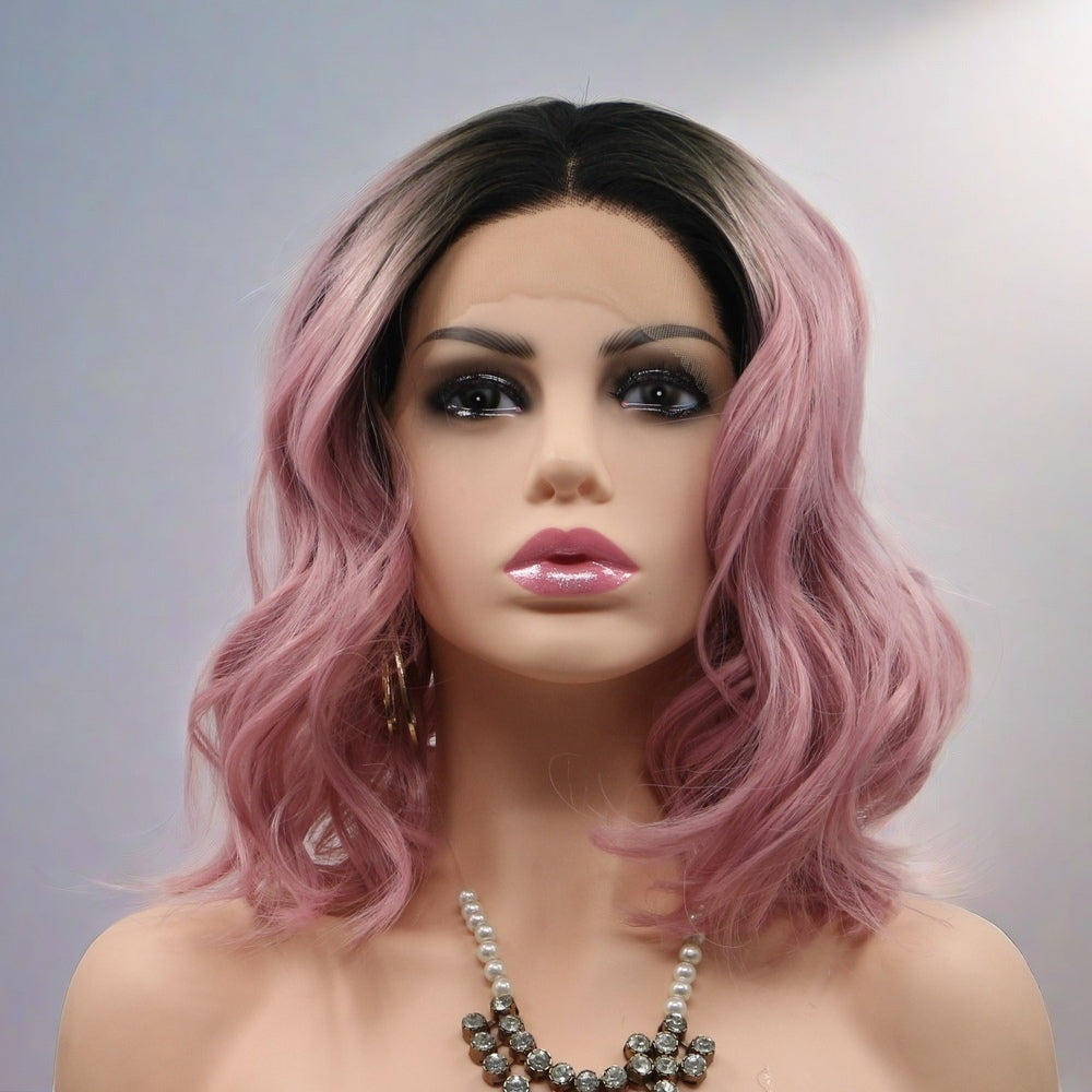 12inch Ombre Pink Short Wavy Bob Synthetic Hair Lace Front Wig