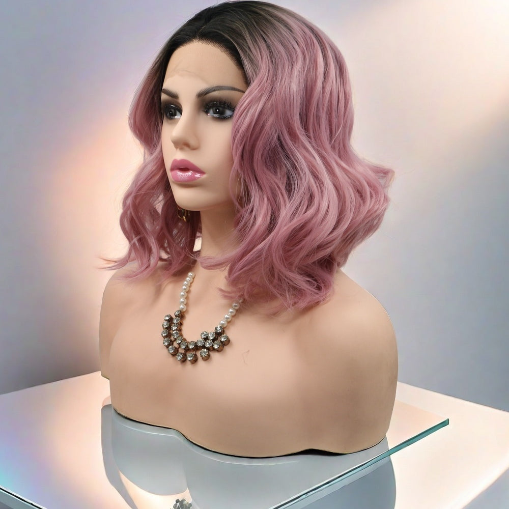 12inch Ombre Pink Short Wavy Bob Synthetic Hair Lace Front Wig