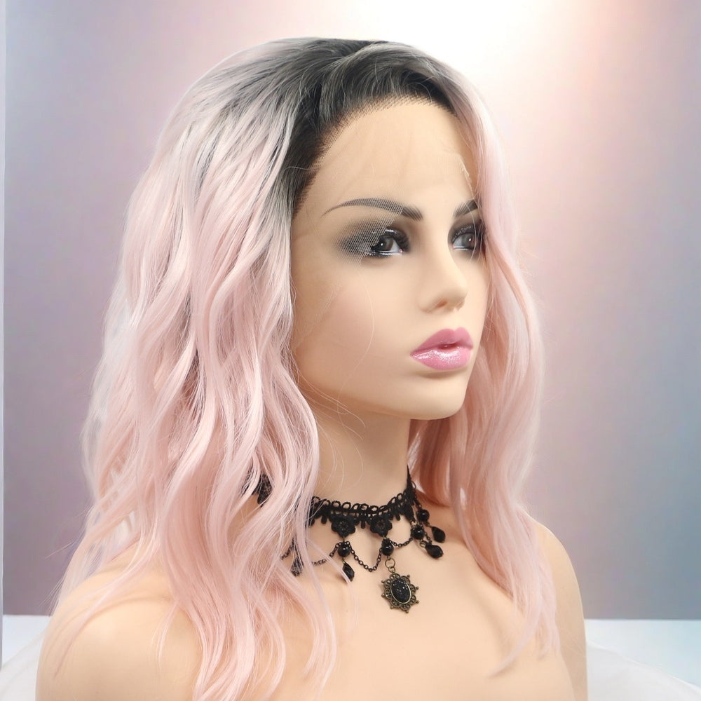 12inch Ombre Light Pink Wavy Bob Synthetic Hair Lace Front Wig