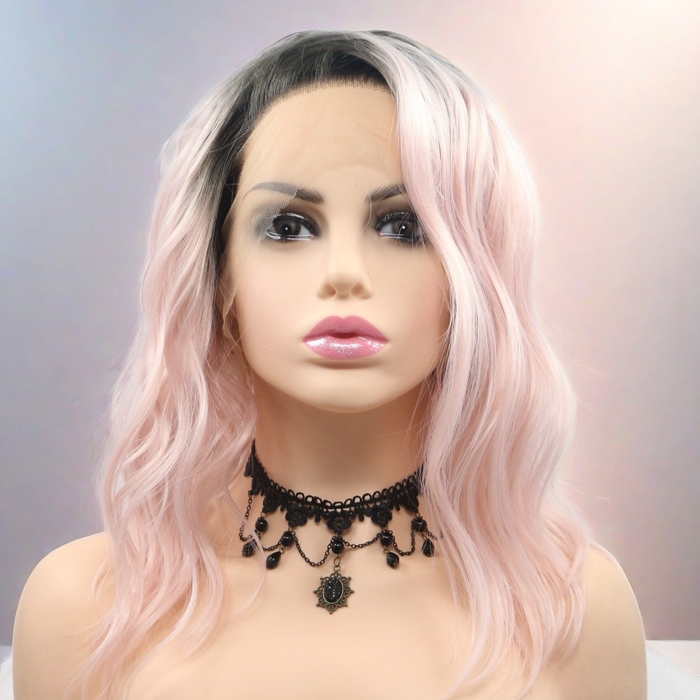 12inch Ombre Light Pink Wavy Bob Synthetic Hair Lace Front Wig