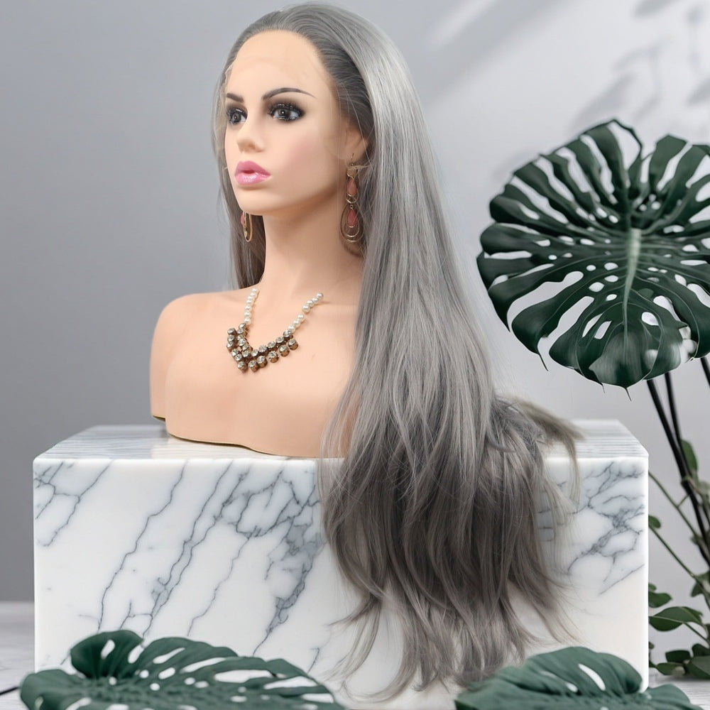 24 inch Silver Gray Straight Synthetic Hair Lace Front Wig