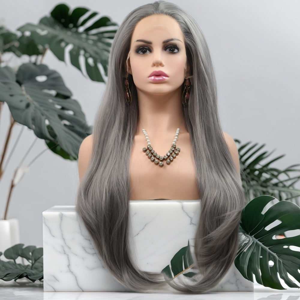 24 inch Silver Gray Straight Synthetic Hair Lace Front Wig