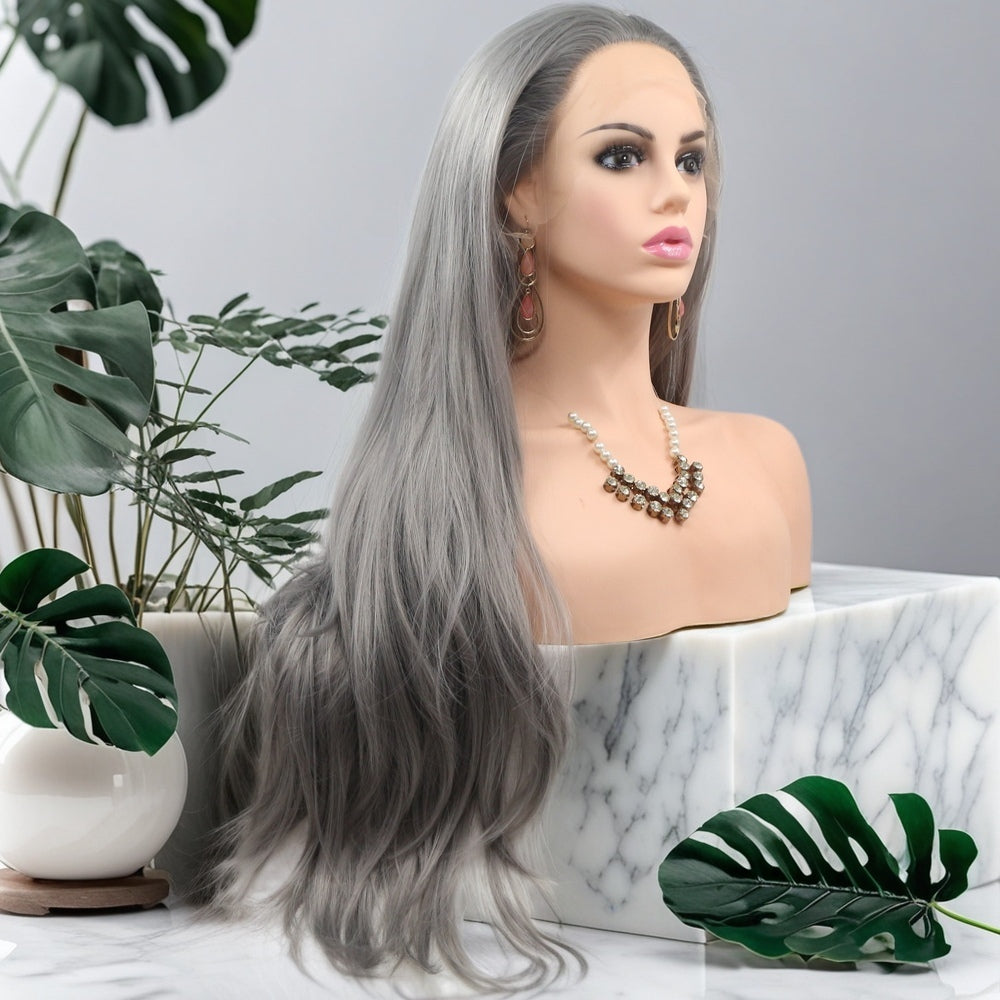 24 inch Silver Gray Straight Synthetic Hair Lace Front Wig