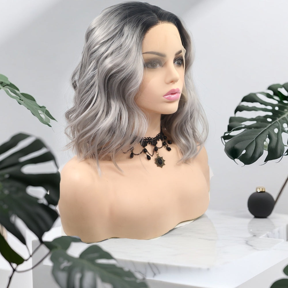 12inch Ombre Grey Wavy Bob Synthetic Hair Lace Front Wig