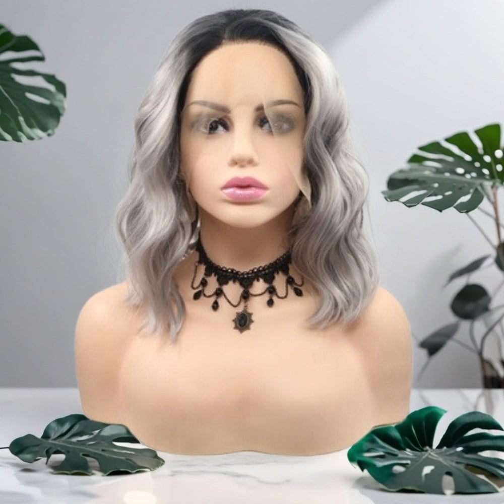 12inch Ombre Grey Wavy Bob Synthetic Hair Lace Front Wig