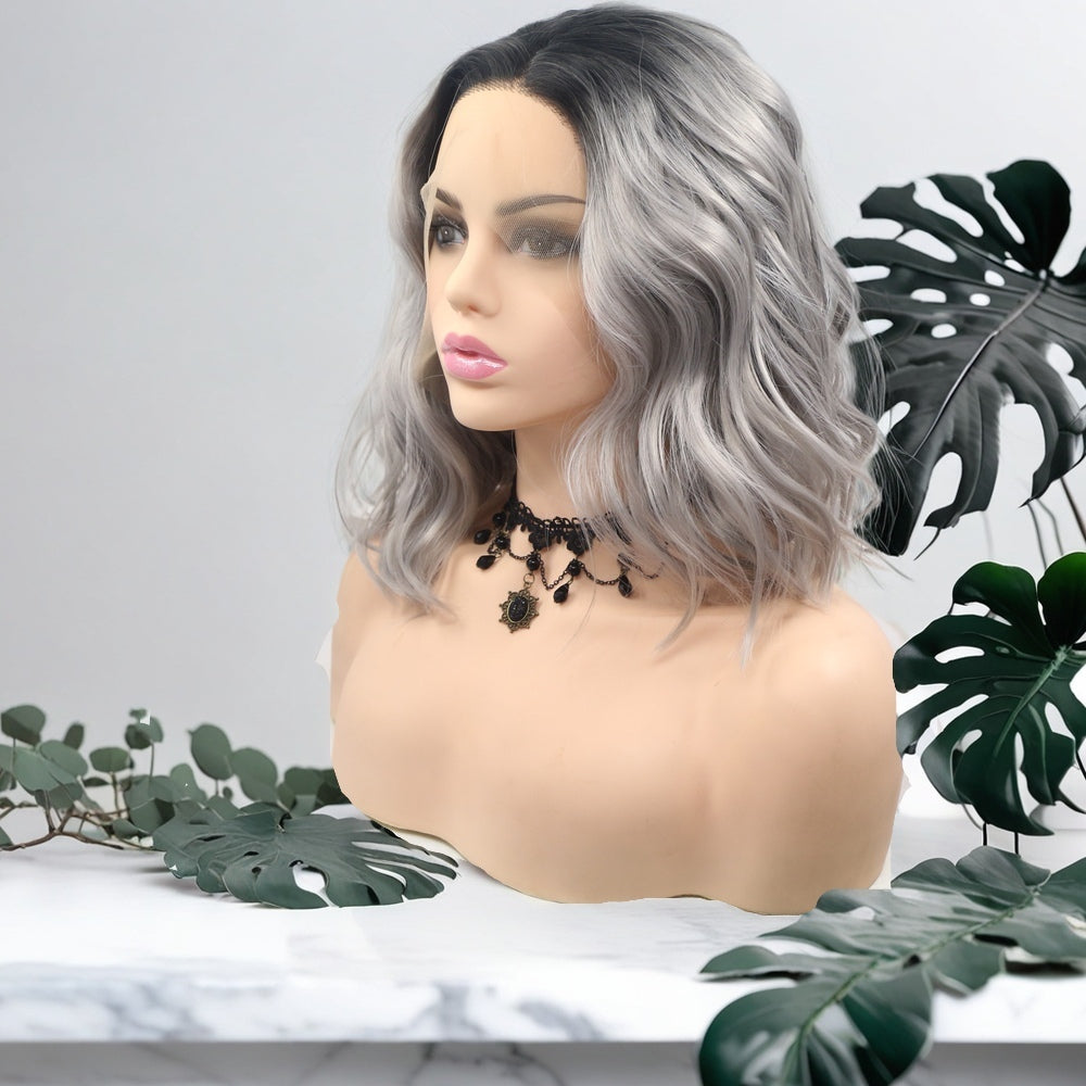 12inch Ombre Grey Wavy Bob Synthetic Hair Lace Front Wig