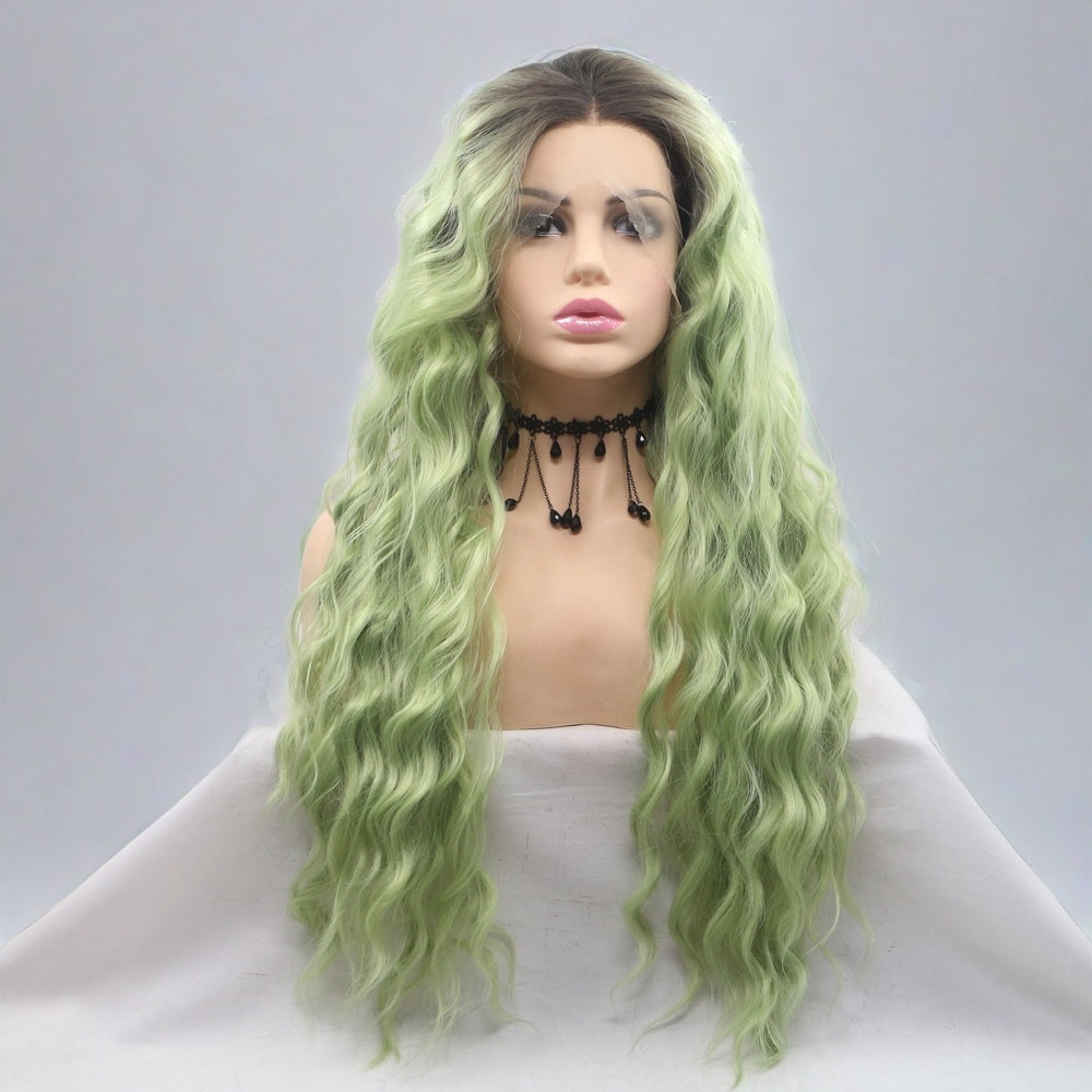 26 inch Ombre Green Water Wave Synthetic Hair Lace Front Wig