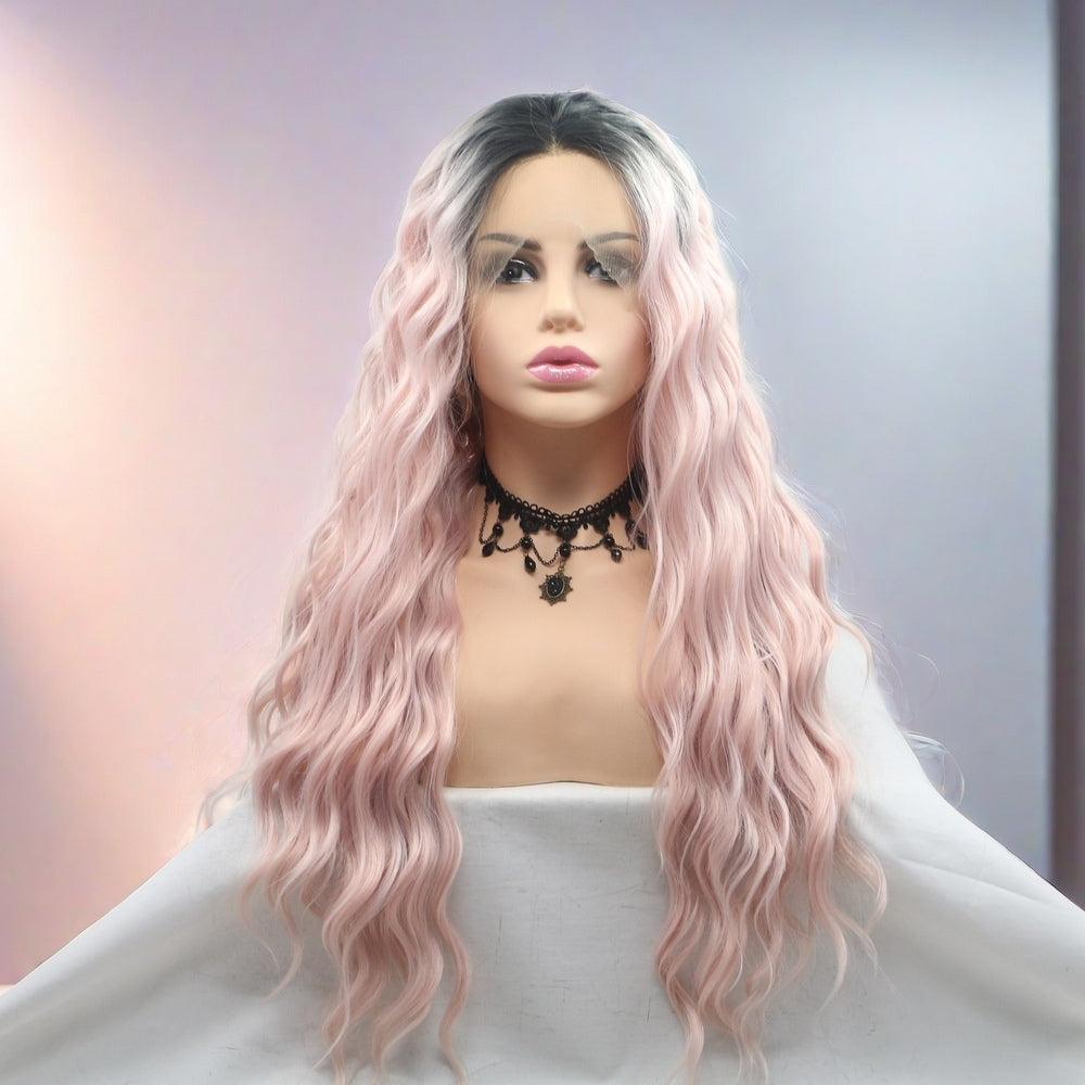 26 inch Ombre Pink Water Wave Synthetic Hair Lace Front Wig